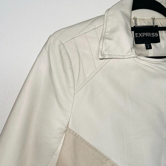 Express Cream & Tan Contrast Full Zip Leather Jacket Small Women’s - Picture 4 of 12